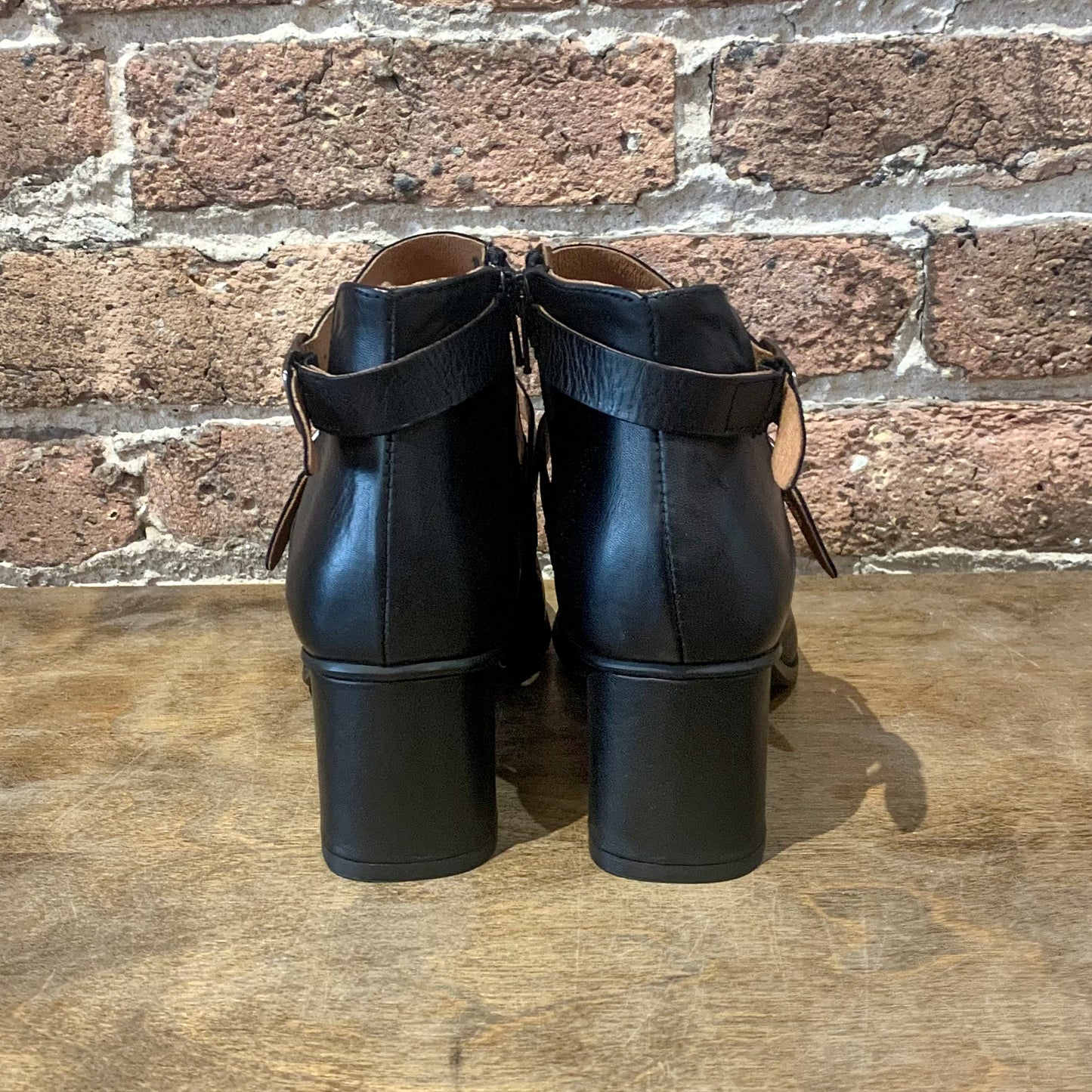 Janella Black Leather 2-Strap Heel