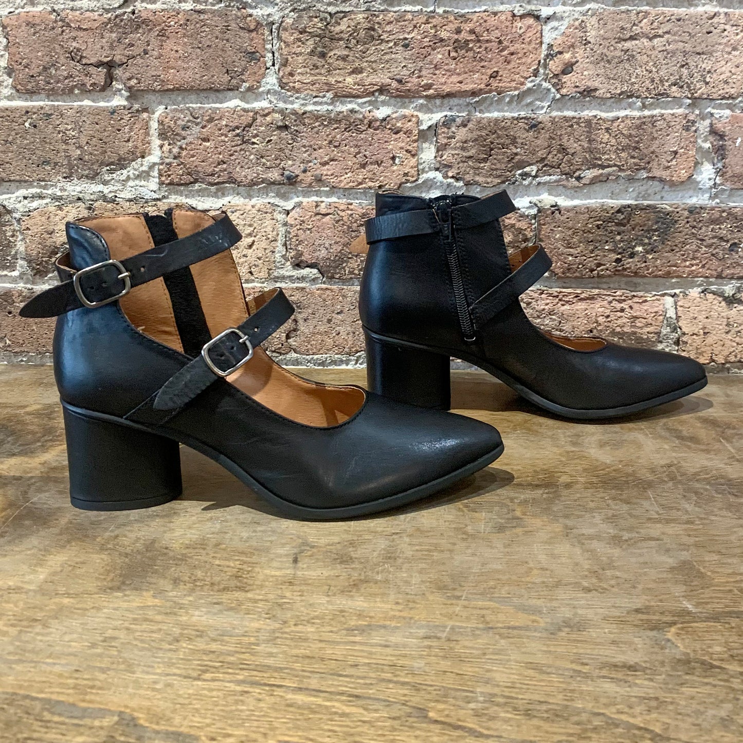 Janella Black Leather 2-Strap Heel