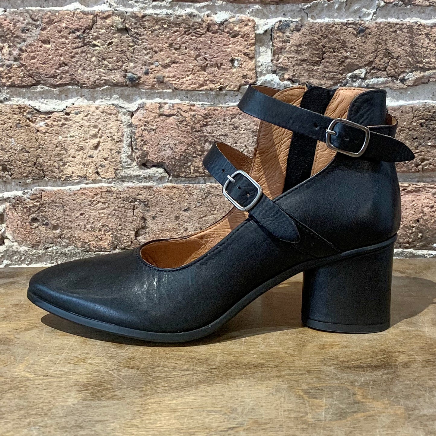 Janella Black Leather 2-Strap Heel