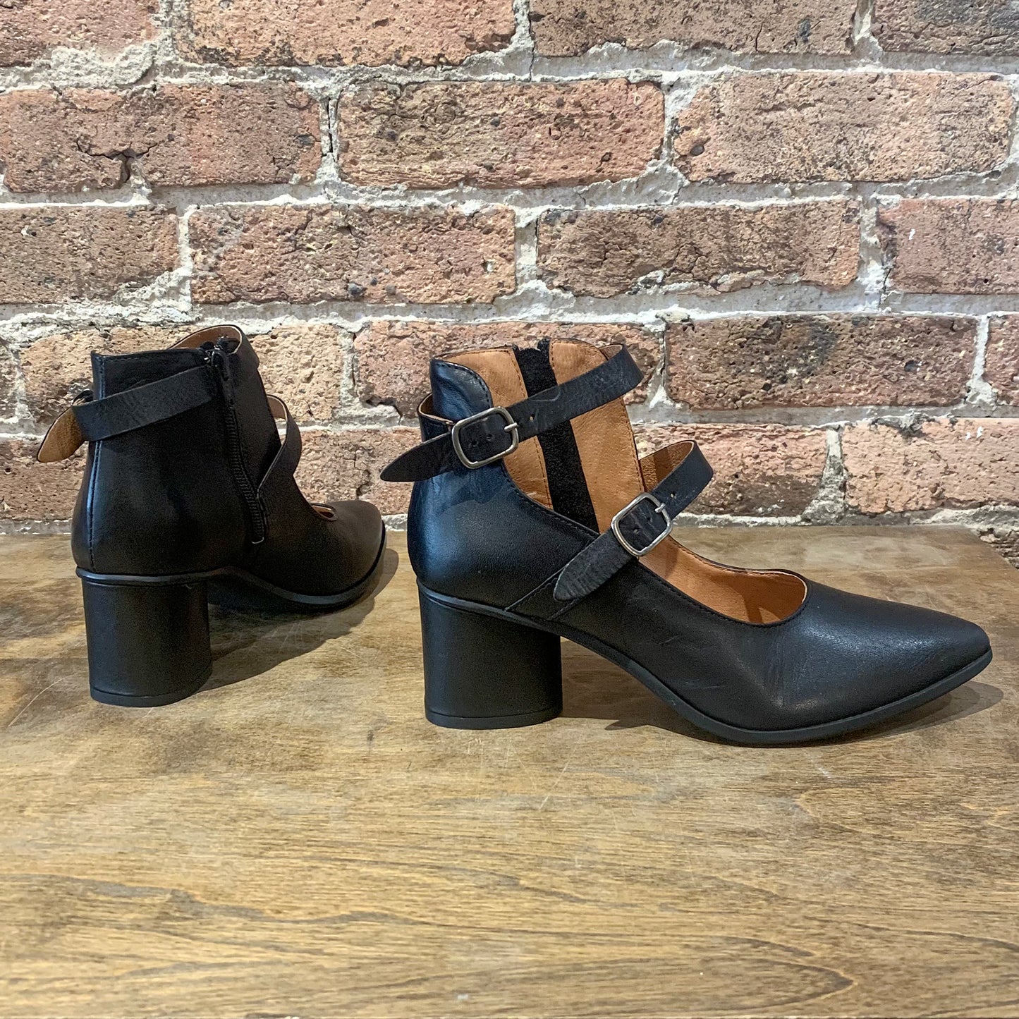 Janella Black Leather 2-Strap Heel