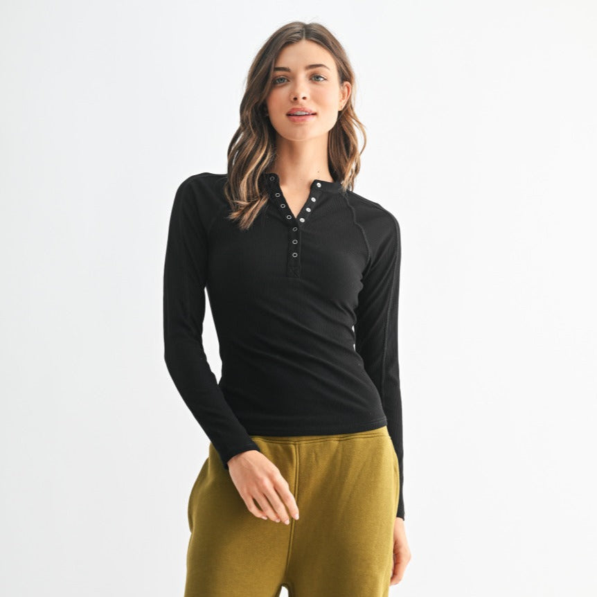 Mono B Long Sleeved Micro Ribbed Henley