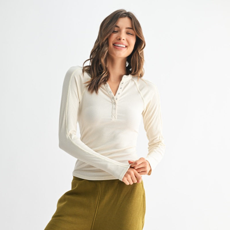 Mono B Long Sleeved Micro Ribbed Henley