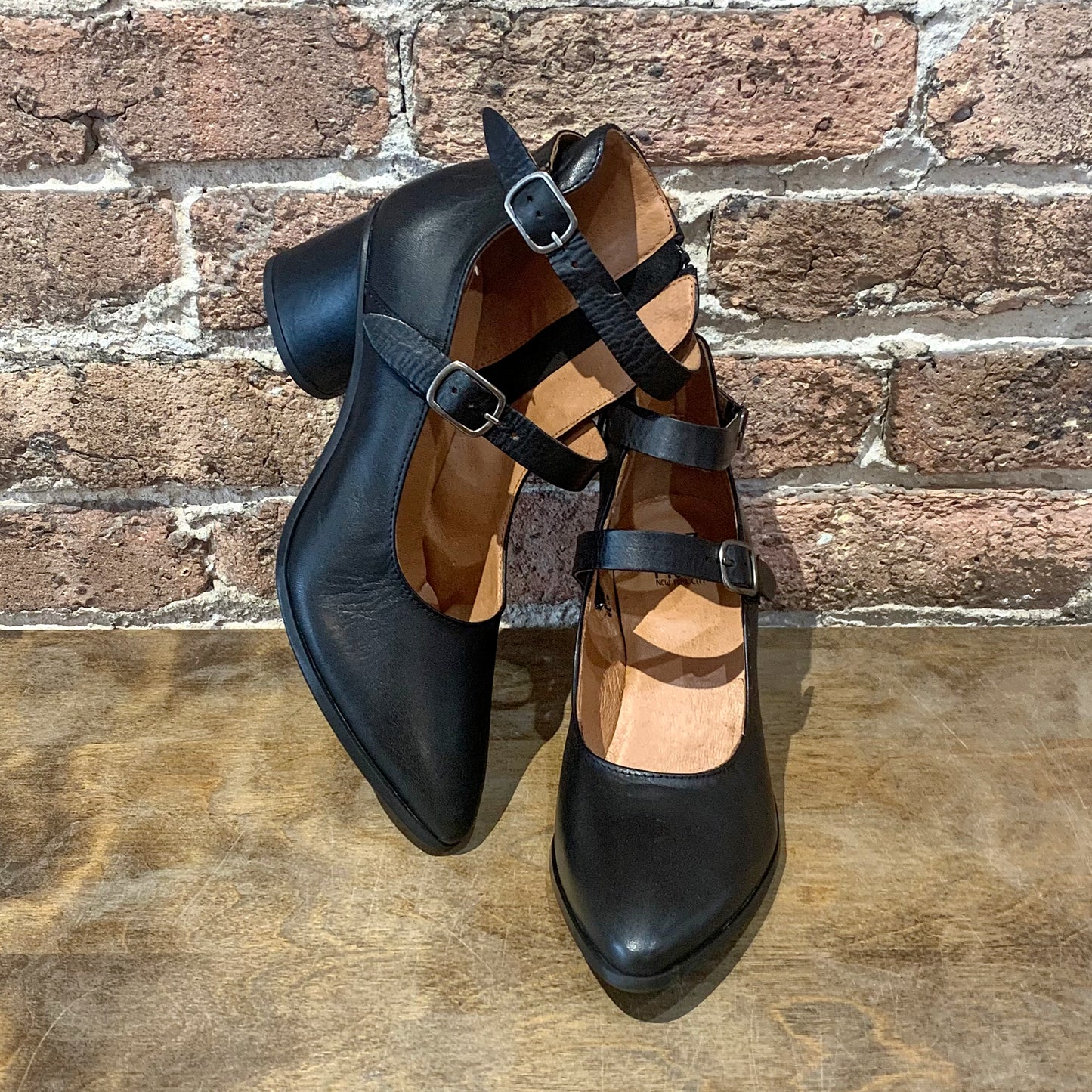 Janella Black Leather 2-Strap Heel