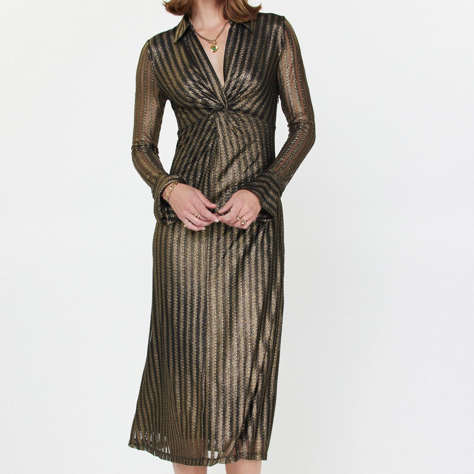 Current Air Black & Gold V-Neck Midi Dress Black & Gold / S Current Air Black & Gold V-Neck Midi Dress Black & Gold / S