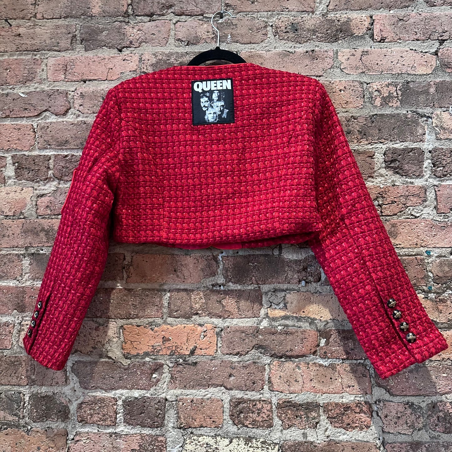 Red Crop Tweed Jacket With Patches