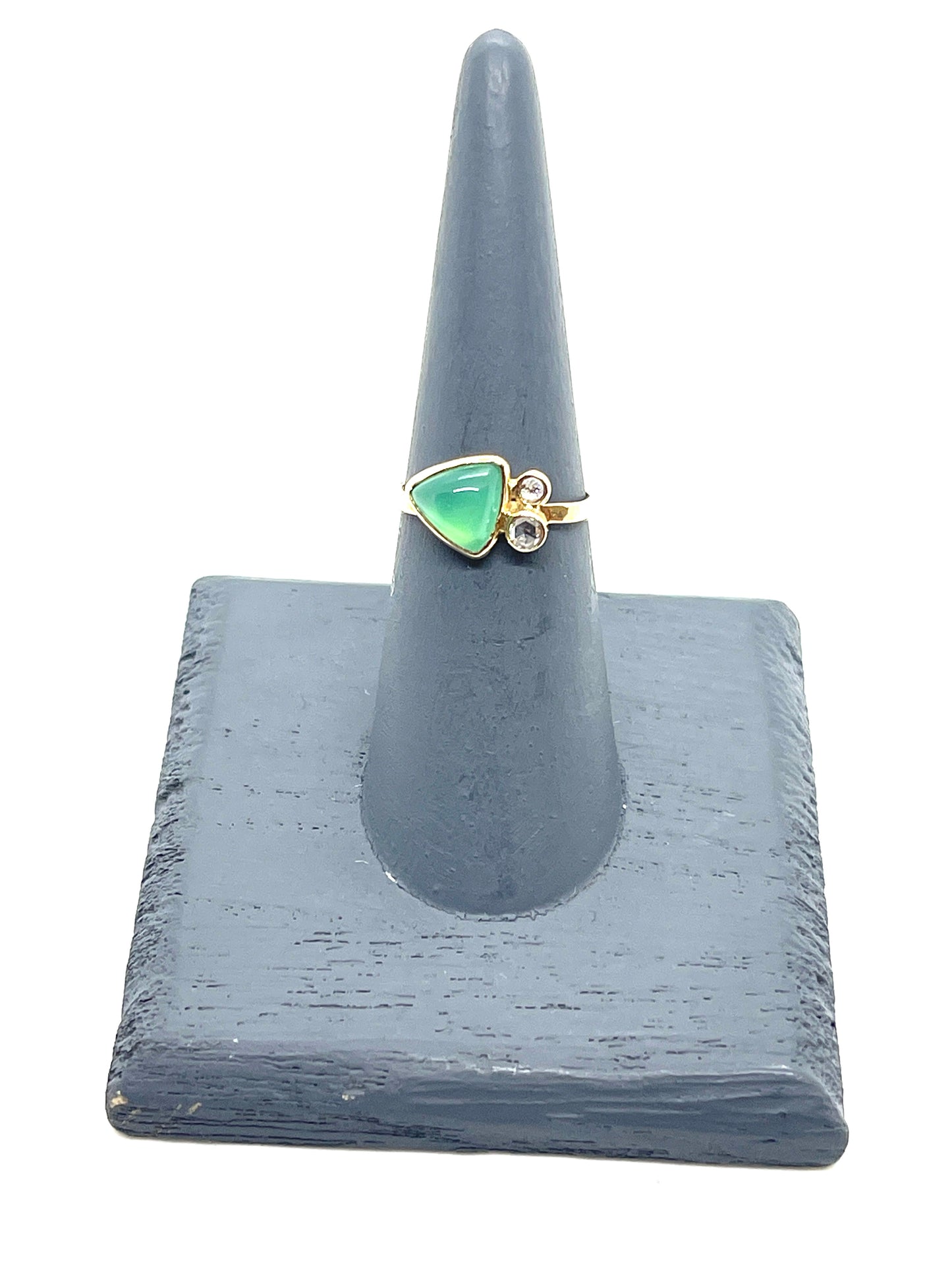 3 stone ring - chrysoprase and two rose cut diamonds