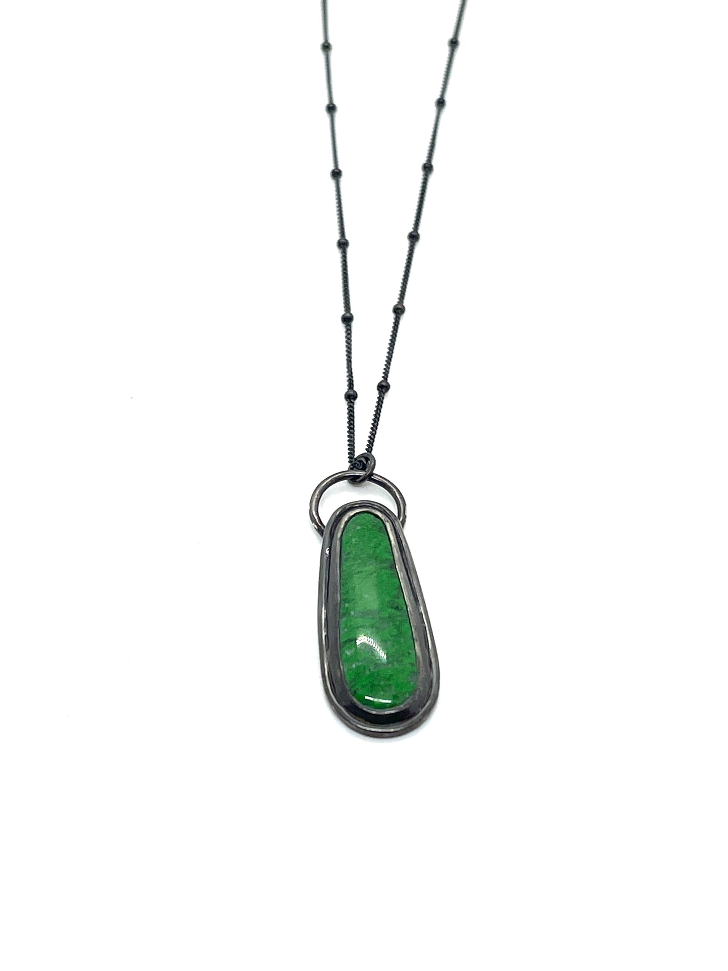 Maw sit sit (green elongated drop) and oxidized sterling silver necklace
