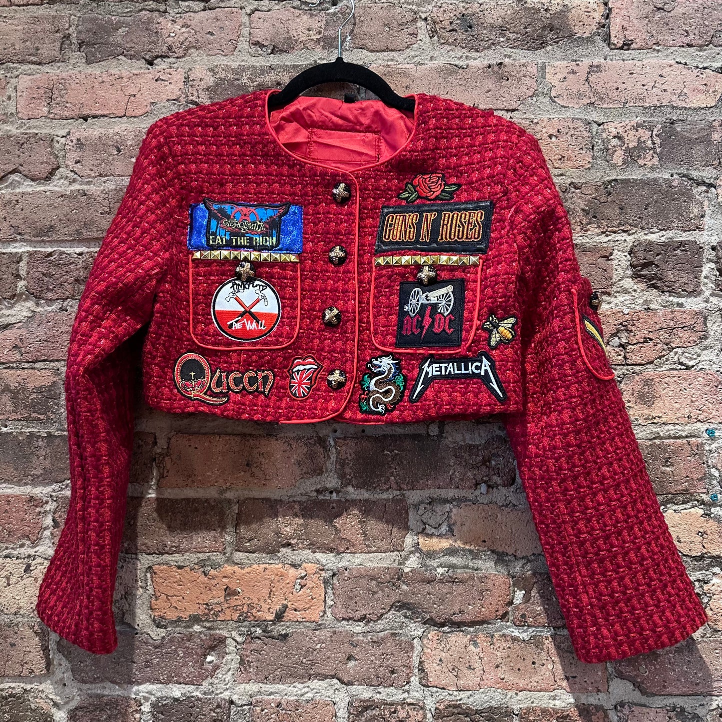 Red Crop Tweed Jacket With Patches