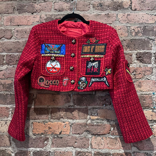 Red Crop Tweed Jacket With Patches