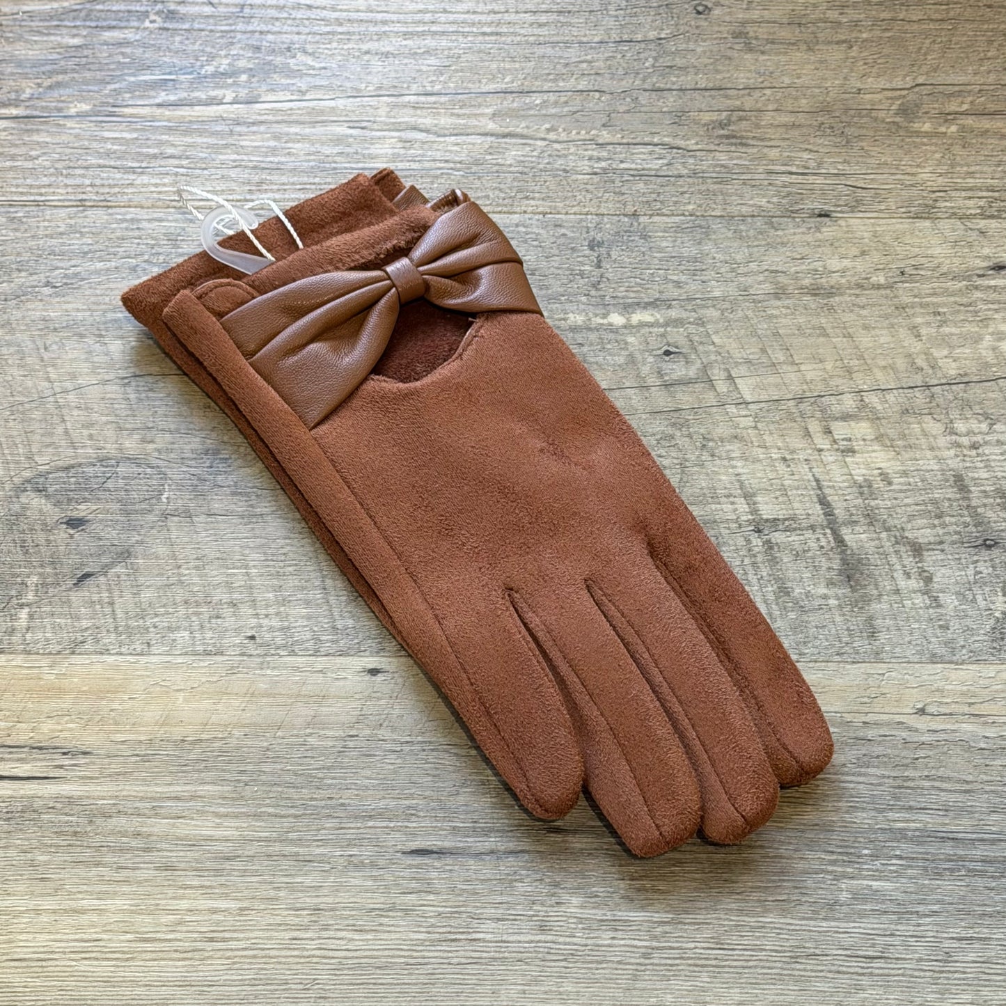 Bow Leatherette Gloves Camel